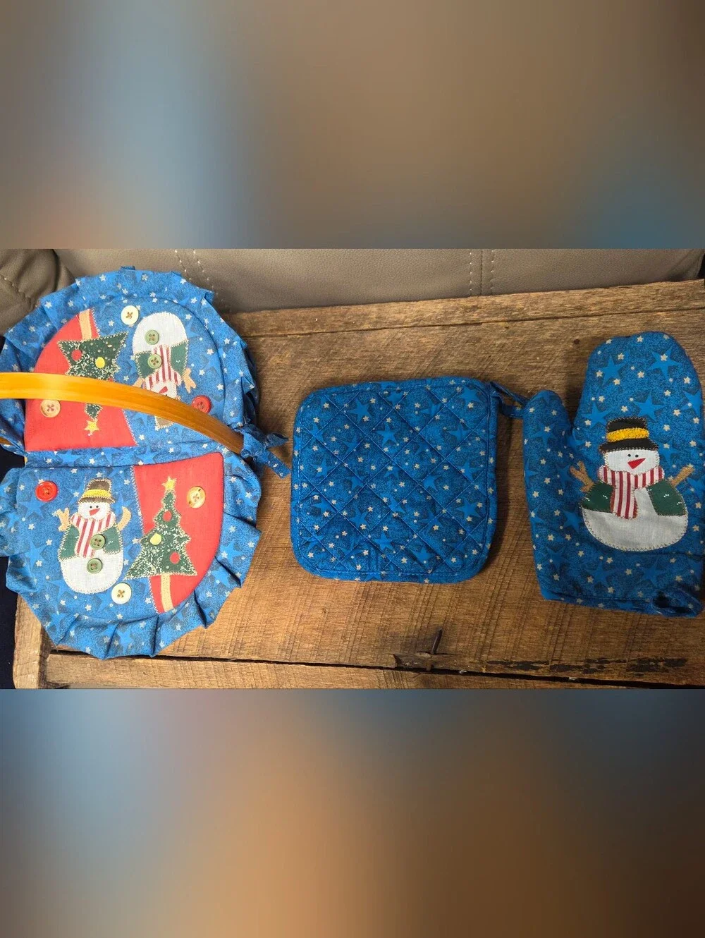 Vintage Christmas Snowman Wicker Basket Set w/ Oven Mitt & Pot Holder 3 Pieces